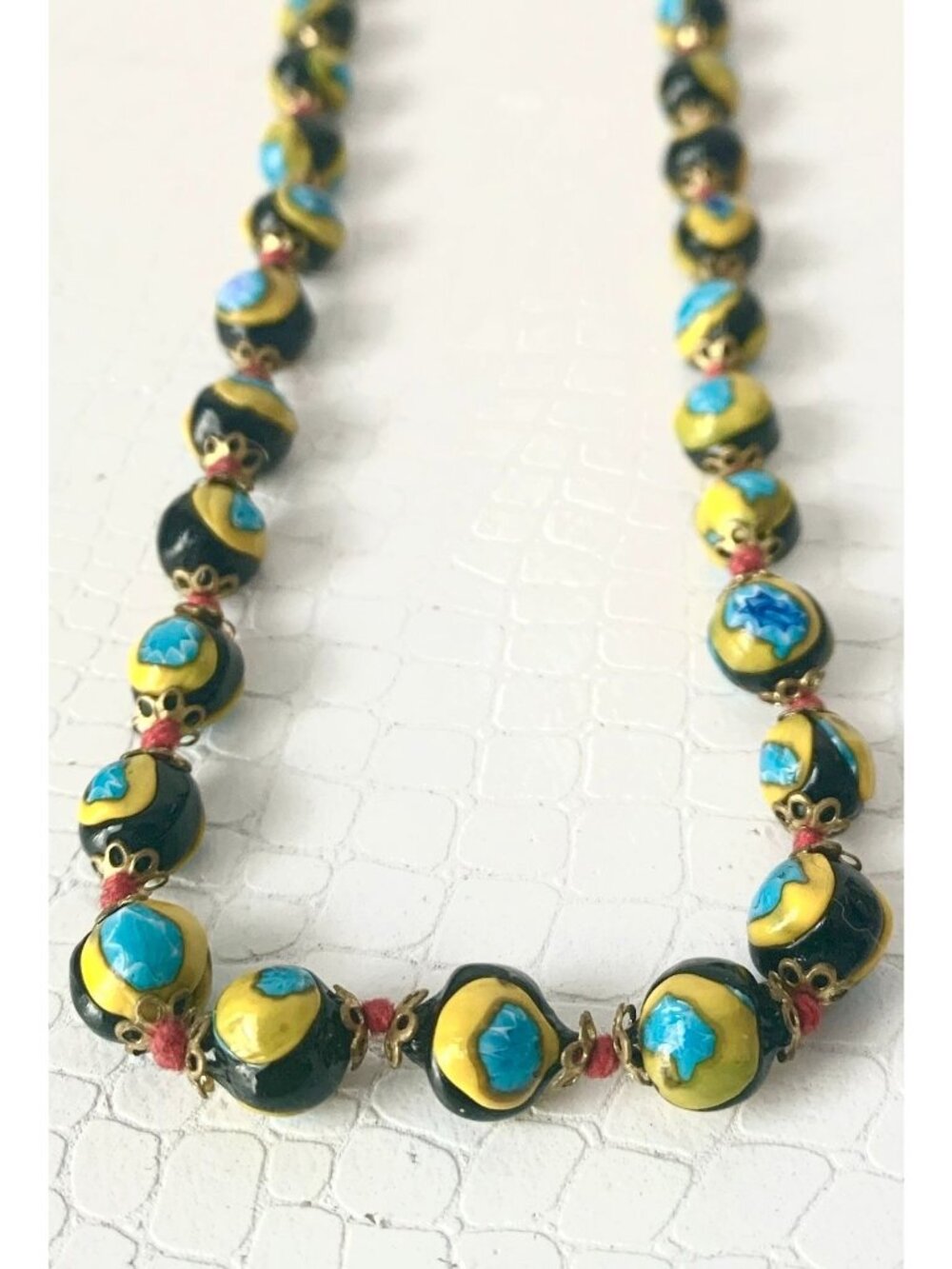 Vintage Italian Art Glass Necklace Lampwork Beads Turquoise Yellow Black Swirls